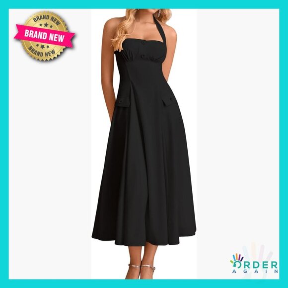 Dresses & Skirts - Floral Halter Corset Midi Dress A-Line Boho Tea Party Sundress Wedding Guest